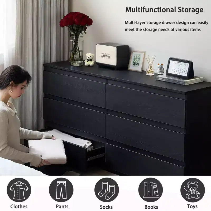 Commode noire moderne à 6 tiroirs avec plateau spacieux et poignées dissimulées