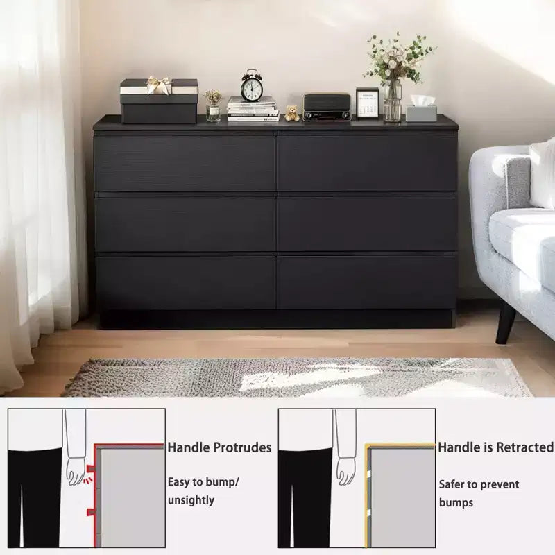 Commode noire moderne à 6 tiroirs avec plateau spacieux et poignées dissimulées