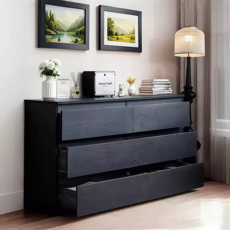 Commode noire moderne à 6 tiroirs avec plateau spacieux et poignées dissimulées