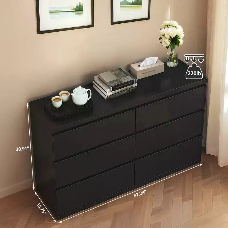 Commode noire moderne à 6 tiroirs avec plateau spacieux et poignées dissimulées