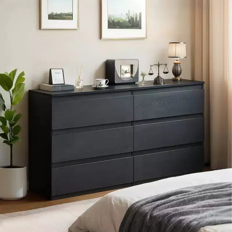 Commode noire moderne à 6 tiroirs avec plateau spacieux et poignées dissimulées