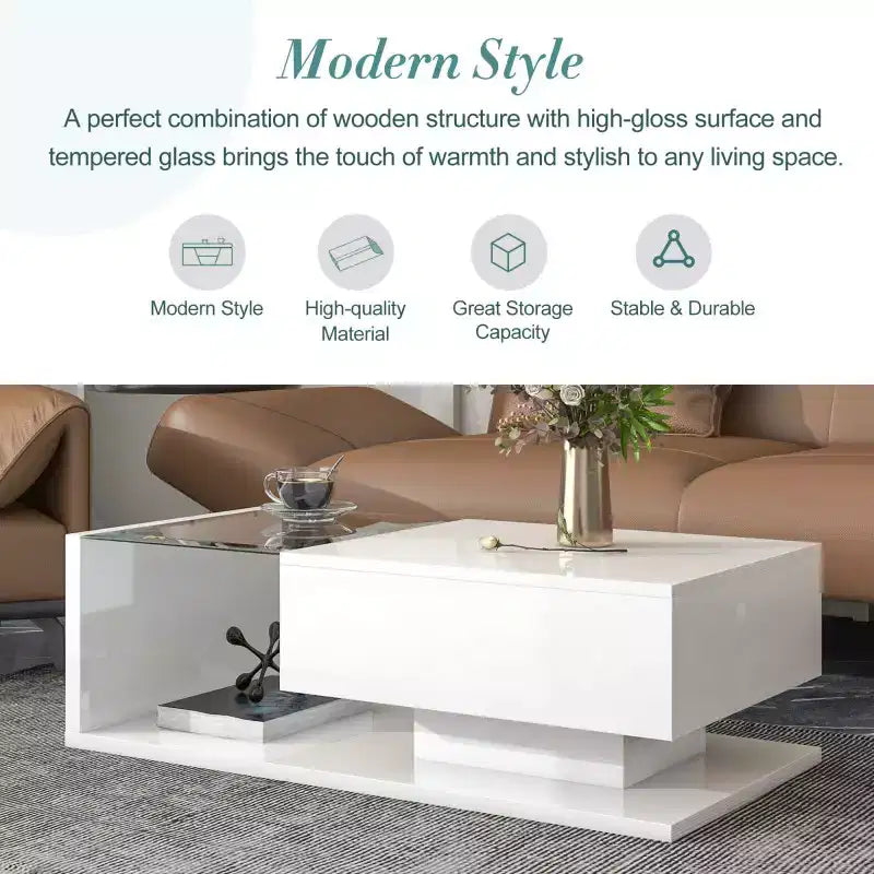 Table basse de 39,3 pouces en verre trempé avec tiroir, noir brillant