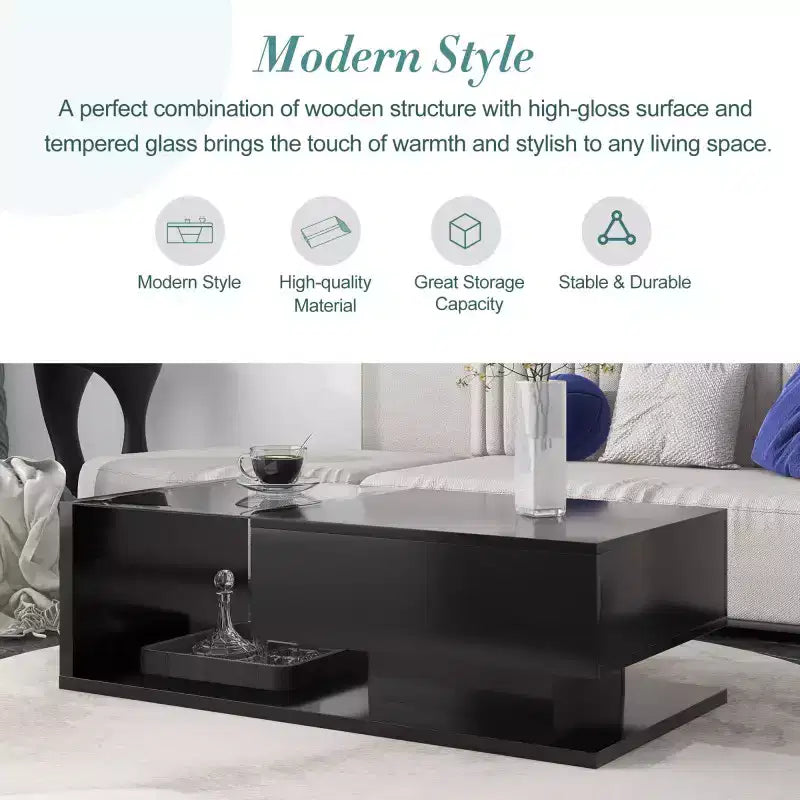 Table basse de 39,3 pouces en verre trempé avec tiroir, noir brillant