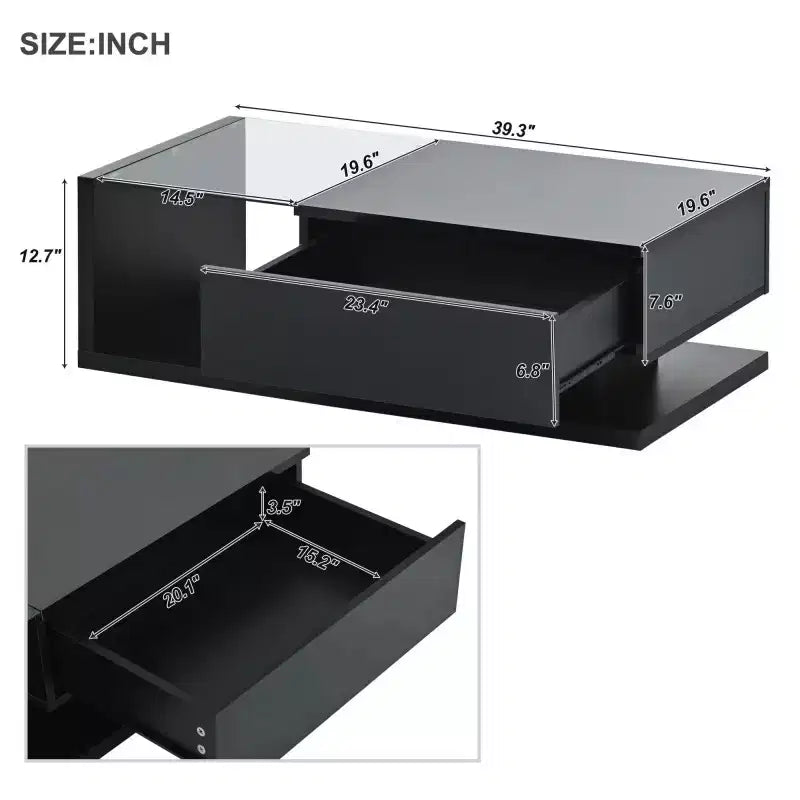 Table basse de 39,3 pouces en verre trempé avec tiroir, noir brillant