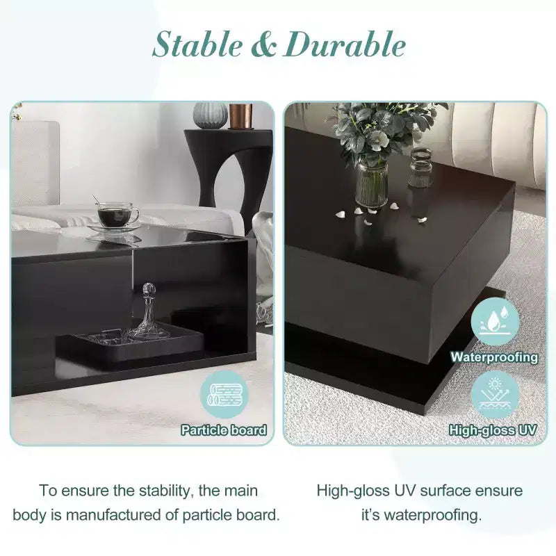 Table basse de 39,3 pouces en verre trempé avec tiroir, noir brillant