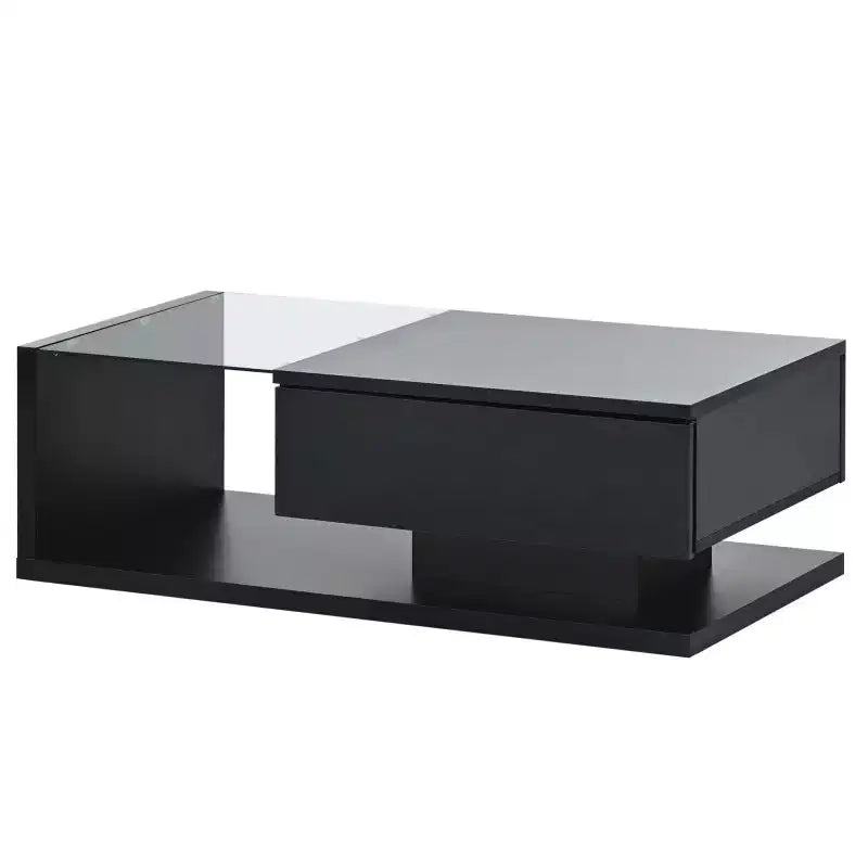 Table basse de 39,3 pouces en verre trempé avec tiroir, noir brillant