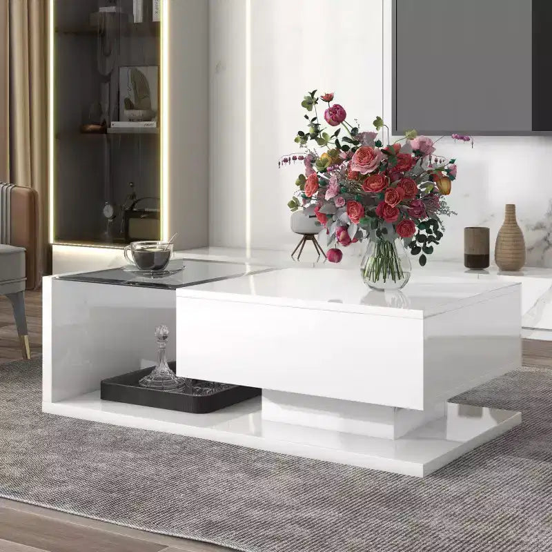 Table basse de 39,3 pouces en verre trempé avec tiroir, noir brillant