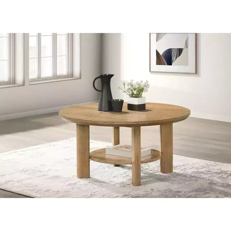 Table basse ronde de 36 po en placage de chêne avec étagère inférieure