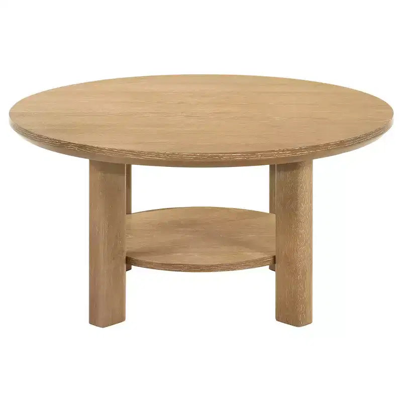 Table basse ronde de 36 po en placage de chêne avec étagère inférieure
