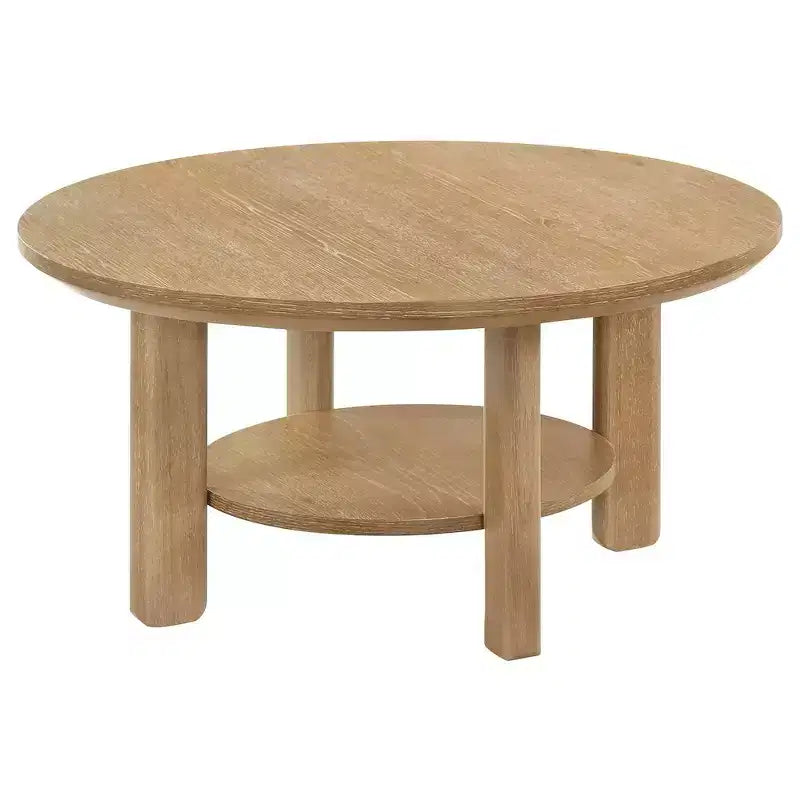 Table basse ronde de 36 po en placage de chêne avec étagère inférieure