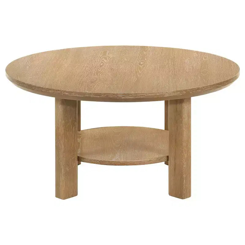 Table basse ronde de 36 po en placage de chêne avec étagère inférieure