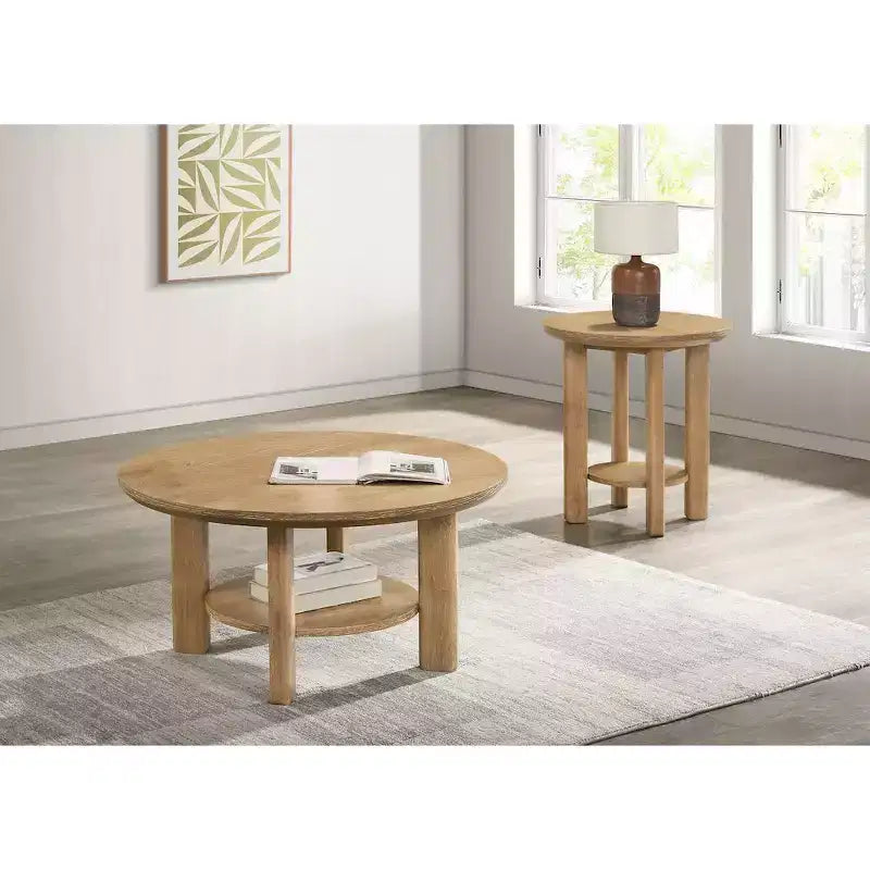 Table basse ronde de 36 po en placage de chêne avec étagère inférieure