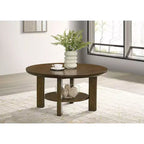 Table basse ronde de 36 po en placage de chêne avec étagère inférieure