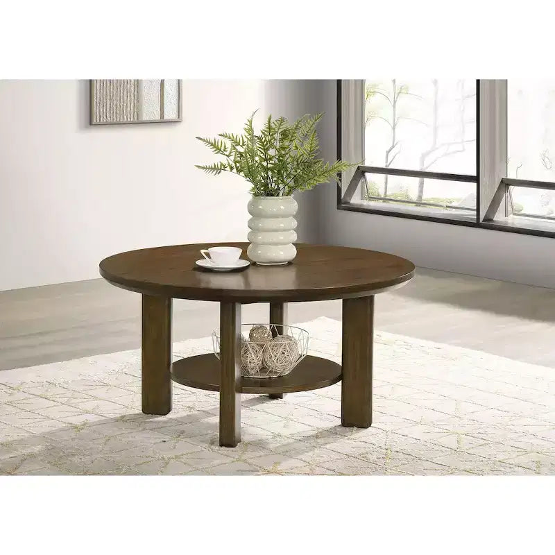 Table basse ronde de 36 po en placage de chêne avec étagère inférieure