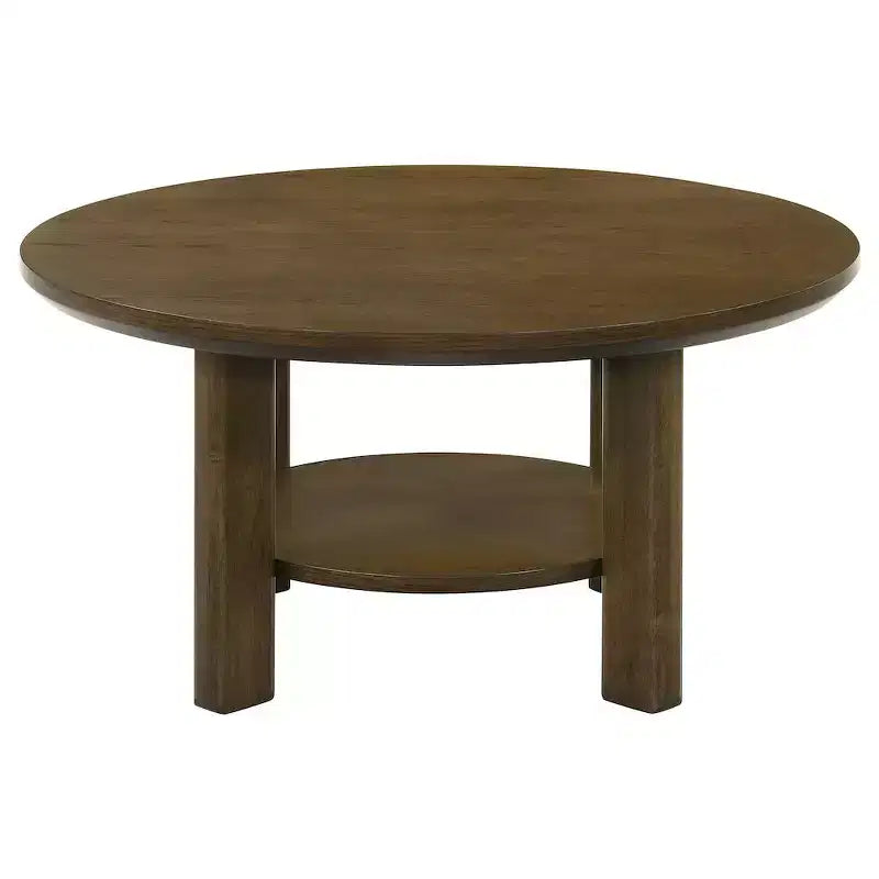 Table basse ronde de 36 po en placage de chêne avec étagère inférieure