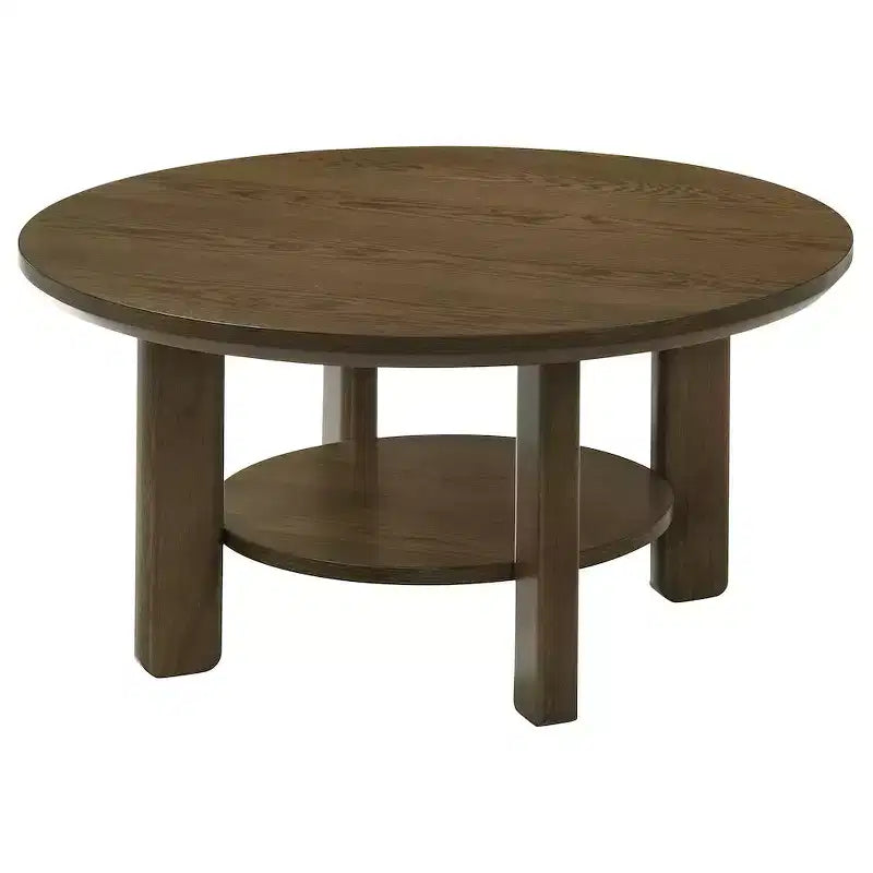 Table basse ronde de 36 po en placage de chêne avec étagère inférieure