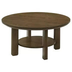 Table basse ronde de 36 po en placage de chêne avec étagère inférieure