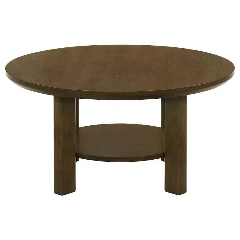 Table basse ronde de 36 po en placage de chêne avec étagère inférieure