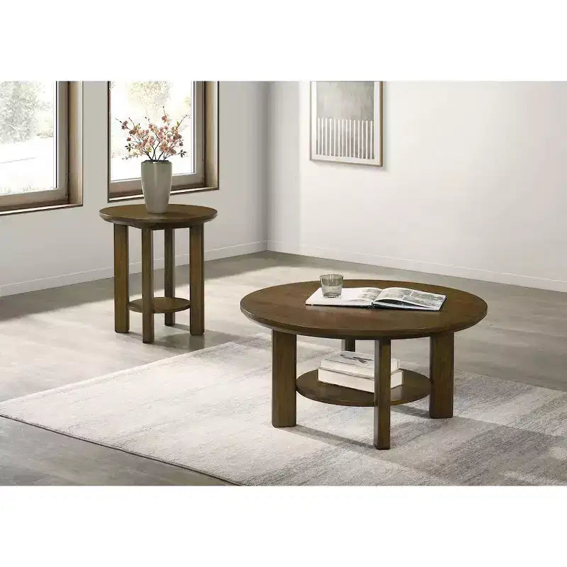 Table basse ronde de 36 po en placage de chêne avec étagère inférieure