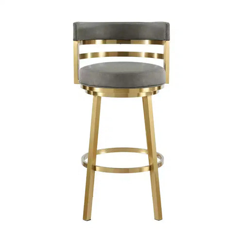 HomeRoots 26 Gray and Gold Faux Leather and Stainless Steel Low Back Counter Height Swivel Bar Chair