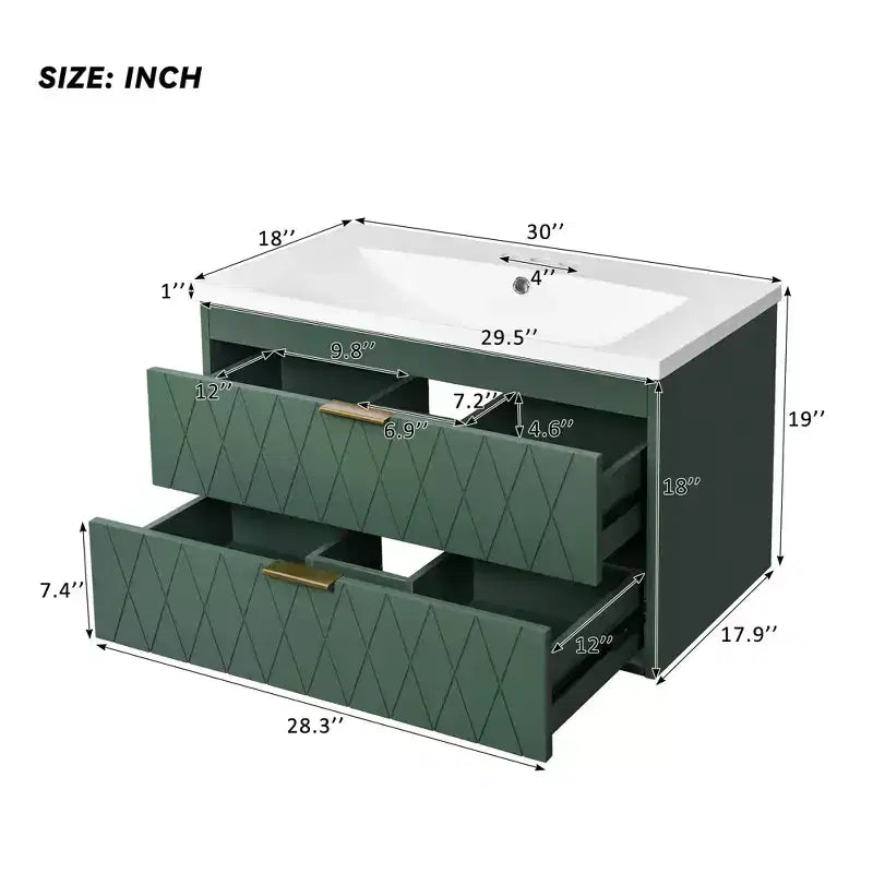 Meuble-lavabo mural de 30 po avec évier et 2 tiroirs, vert