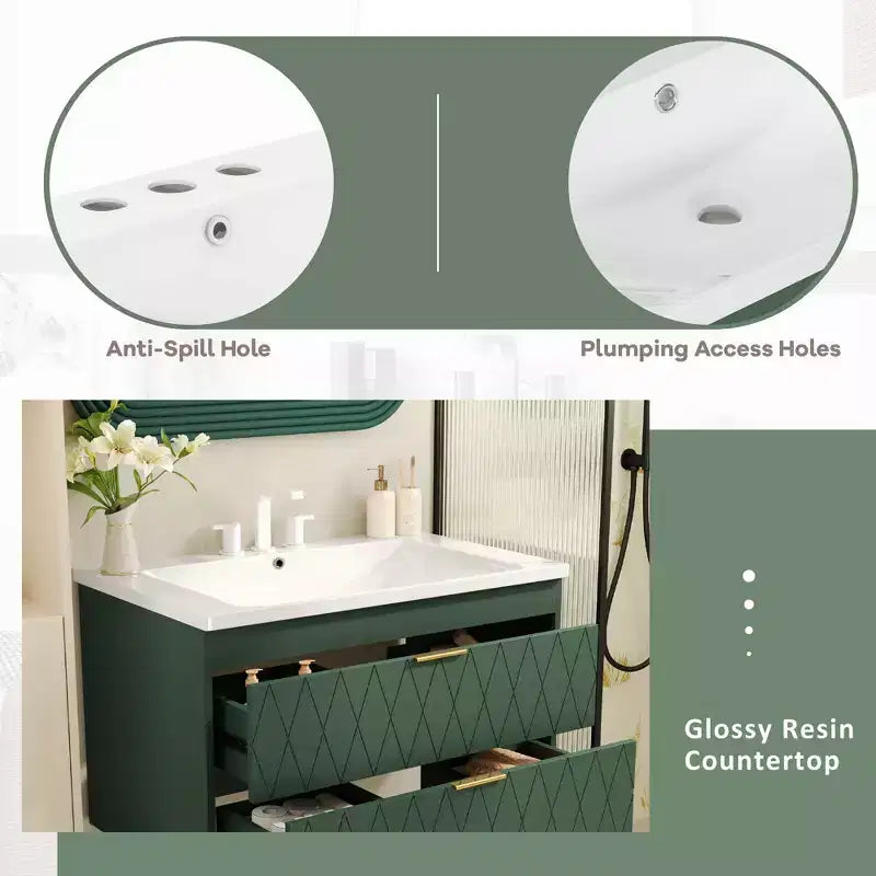 Meuble-lavabo mural de 30 po avec évier et 2 tiroirs, vert