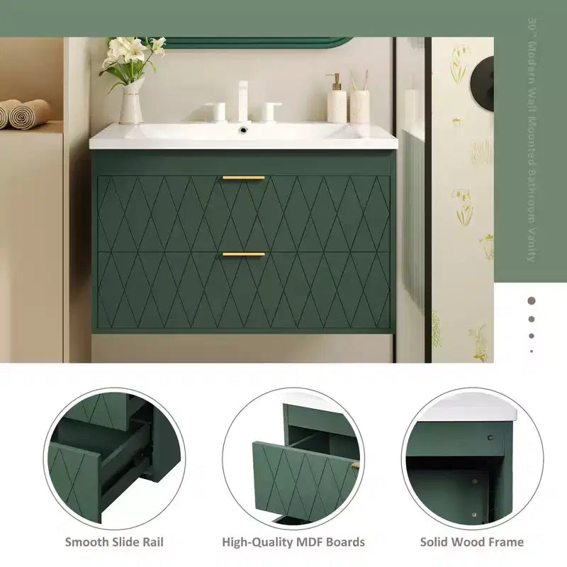 Meuble-lavabo mural de 30 po avec évier et 2 tiroirs, vert