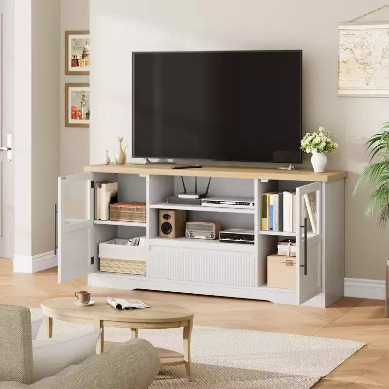 Meuble TV 63 pouces pour téléviseurs 75 pouces avec placards vitrés et étagères ouvertes, console multimédia moderne de style ferme avec gestion des câbles pour le salon