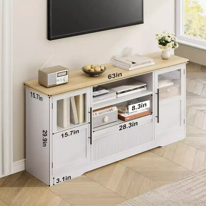 Meuble TV 63 pouces pour téléviseurs 75 pouces avec placards vitrés et étagères ouvertes, console multimédia moderne de style ferme avec gestion des câbles pour le salon