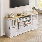 Meuble TV 63 pouces pour téléviseurs 75 pouces avec placards vitrés et étagères ouvertes, console multimédia moderne de style ferme avec gestion des câbles pour le salon