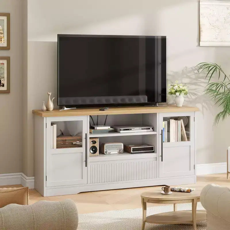 Meuble TV 63 pouces pour téléviseurs 75 pouces avec placards vitrés et étagères ouvertes, console multimédia moderne de style ferme avec gestion des câbles pour le salon
