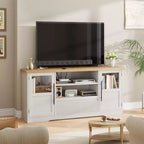 Meuble TV 63 pouces pour téléviseurs 75 pouces avec placards vitrés et étagères ouvertes, console multimédia moderne de style ferme avec gestion des câbles pour le salon
