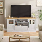 Meuble TV 63 pouces pour téléviseurs 75 pouces avec placards vitrés et étagères ouvertes, console multimédia moderne de style ferme avec gestion des câbles pour le salon