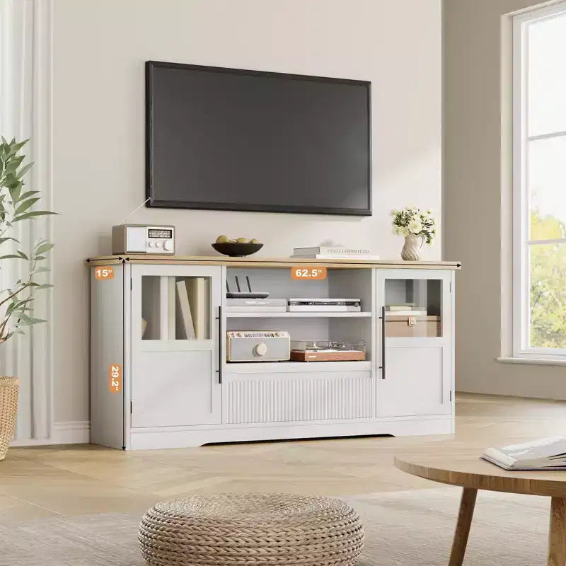Meuble TV 63 pouces pour téléviseurs 75 pouces avec placards vitrés et étagères ouvertes, console multimédia moderne de style ferme avec gestion des câbles pour le salon