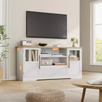 Meuble TV 63 pouces pour téléviseurs 75 pouces avec placards vitrés et étagères ouvertes, console multimédia moderne de style ferme avec gestion des câbles pour le salon