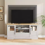 Meuble TV 63 pouces pour téléviseurs 75 pouces avec placards vitrés et étagères ouvertes, console multimédia moderne de style ferme avec gestion des câbles pour le salon