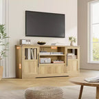 Meuble TV 63 pouces pour téléviseurs 75 pouces avec placards vitrés et étagères ouvertes, console multimédia moderne de style ferme avec gestion des câbles pour le salon