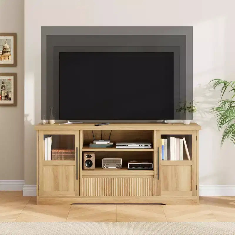 Meuble TV 63 pouces pour téléviseurs 75 pouces avec placards vitrés et étagères ouvertes, console multimédia moderne de style ferme avec gestion des câbles pour le salon