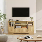 Meuble TV 63 pouces pour téléviseurs 75 pouces avec placards vitrés et étagères ouvertes, console multimédia moderne de style ferme avec gestion des câbles pour le salon
