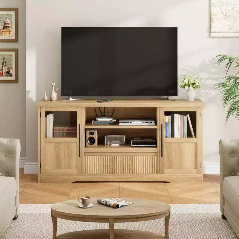 Meuble TV 63 pouces pour téléviseurs 75 pouces avec placards vitrés et étagères ouvertes, console multimédia moderne de style ferme avec gestion des câbles pour le salon