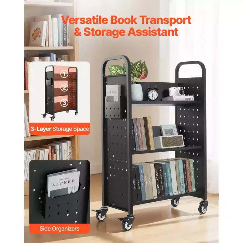 Chariot de bibliothèque à roulettes 150 kg, étagères en V et roues verrouillables