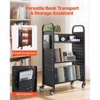 Chariot de bibliothèque à roulettes 150 kg, étagères en V et roues verrouillables