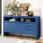 Buffet de rangement de 152 cm avec 3 portes, 3 tiroirs et une étagère ouverte, console d'entrée bleu marine
