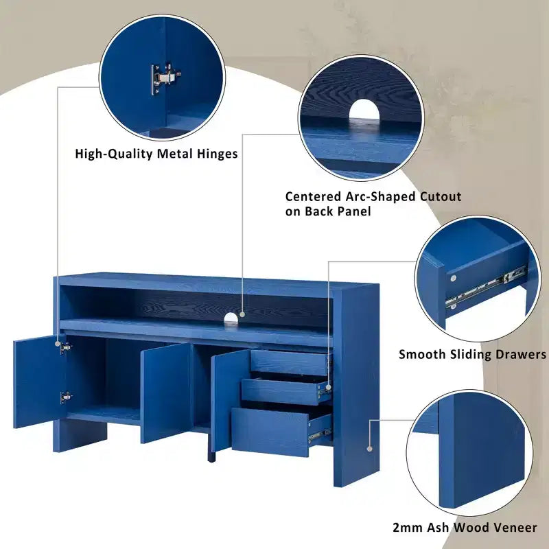 Buffet de rangement de 152 cm avec 3 portes, 3 tiroirs et une étagère ouverte, console d'entrée bleu marine