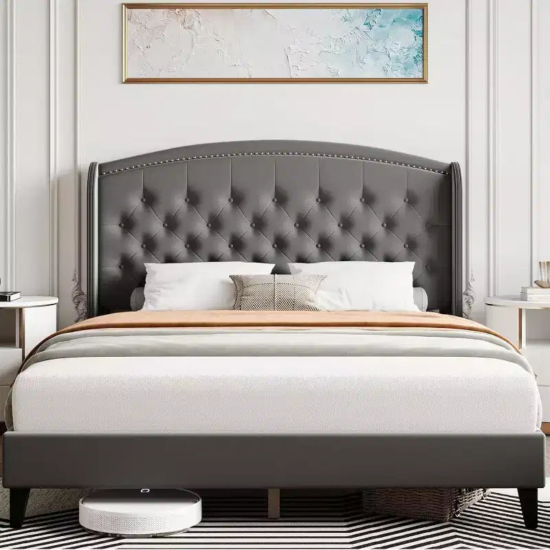 Lit plateforme moderne gris King Size avec tête de lit capitonnée, lattes de soutien robustes, aucun sommier tapissier requis, silencieux et facile à assembler
