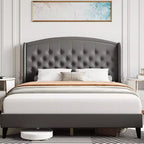 Lit plateforme moderne gris King Size avec tête de lit capitonnée, lattes de soutien robustes, aucun sommier tapissier requis, silencieux et facile à assembler