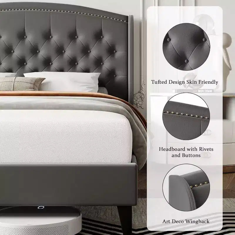Lit plateforme moderne gris King Size avec tête de lit capitonnée, lattes de soutien robustes, aucun sommier tapissier requis, silencieux et facile à assembler