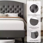 Lit plateforme moderne gris King Size avec tête de lit capitonnée, lattes de soutien robustes, aucun sommier tapissier requis, silencieux et facile à assembler