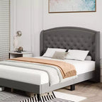 Lit plateforme moderne gris King Size avec tête de lit capitonnée, lattes de soutien robustes, aucun sommier tapissier requis, silencieux et facile à assembler
