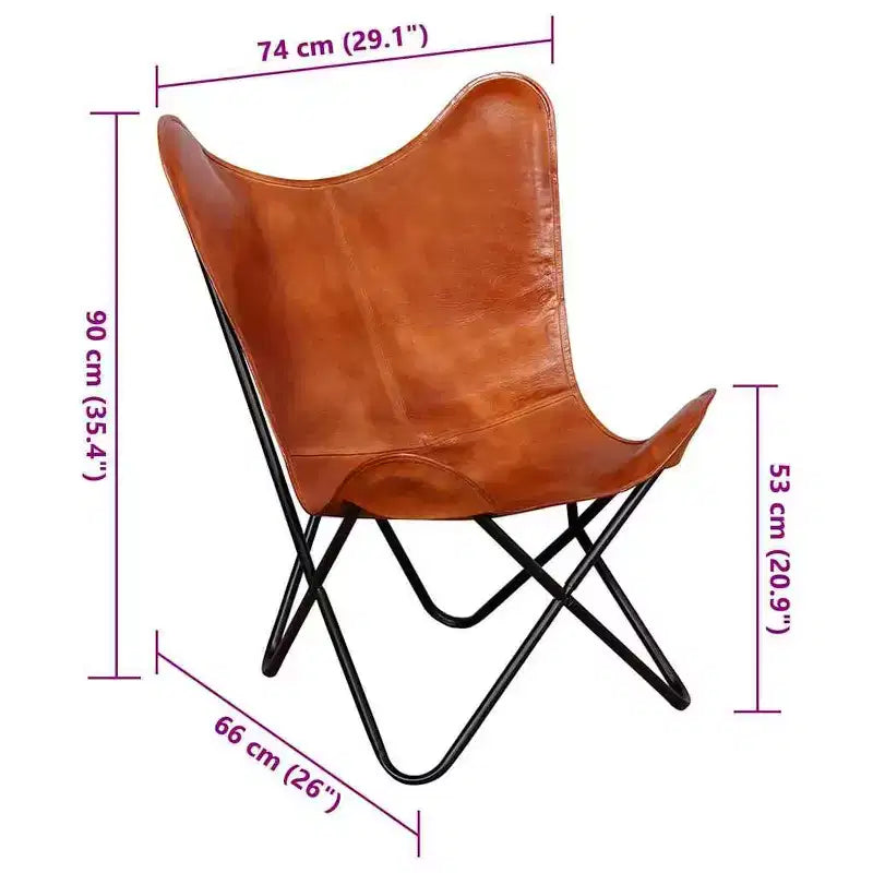 Fauteuil Butterfly en cuir véritable marron, structure en fer thermolaqué